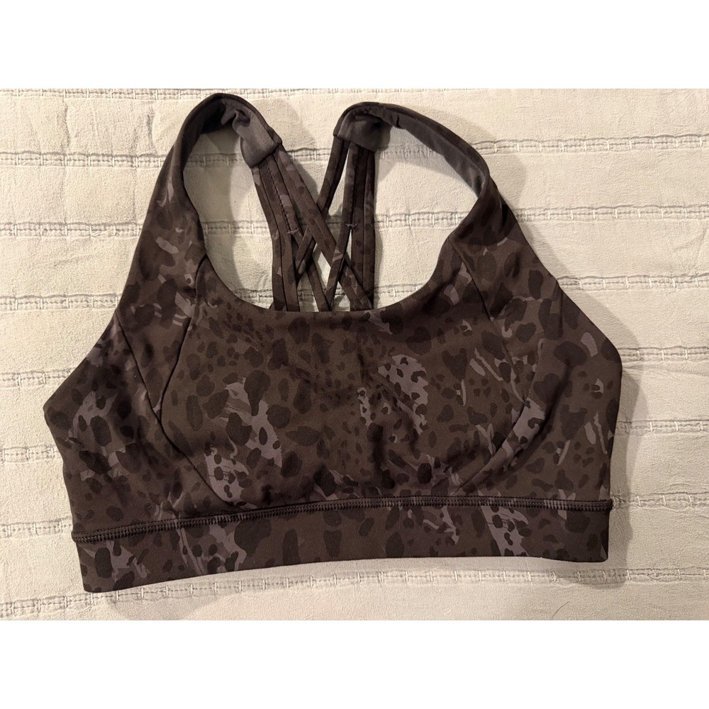 Lululemon Free To Be Serene Bra 6 Dark Camo Leopard Strappy Back Sports Bra